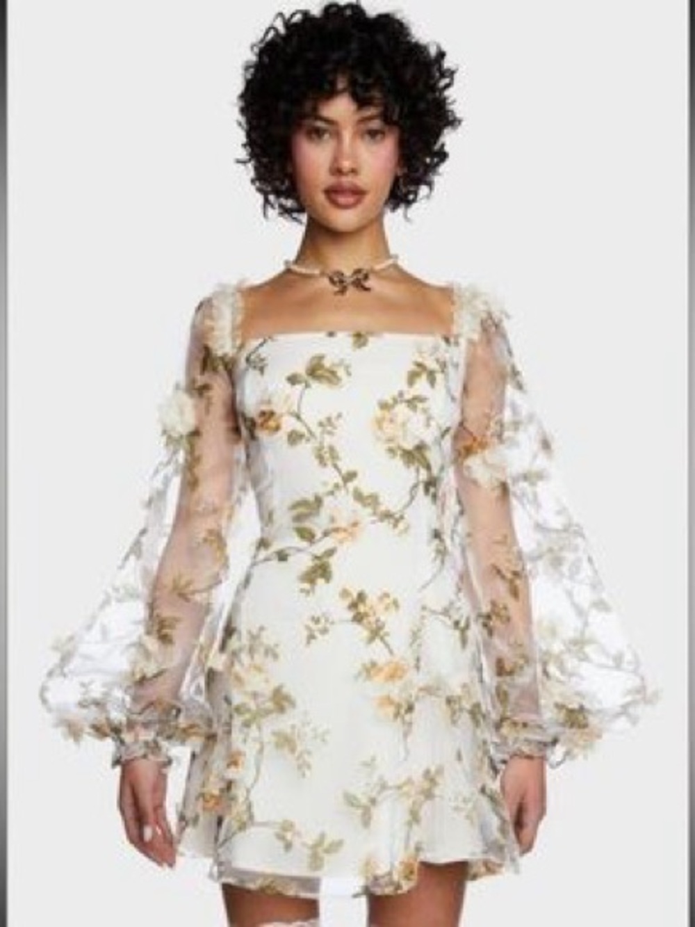 Sugar Thrillz White Floral Mini Dress with Sheer Puff Sleeves - Picture 2 of 2
